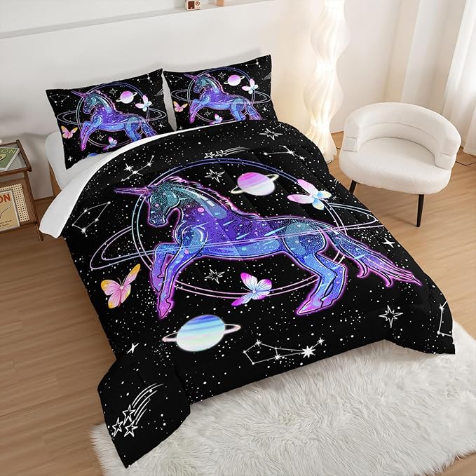 HOSIMA Unicorn Bedding Sets for Girls Kids,Butterfly Star Empty Galaxy Comforter,Unicorn Bedroom Decor for Girls Boys,Soft Microfiber Black Queen Comforter Set,Butterfly Crib Bedding Set.