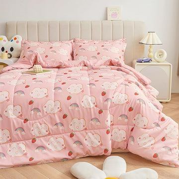Mooreeke Bed in a Bag for Kids Girls Teens, 5 Pieces Twin Size Comforter Bed Set with Shams, Sheet Set, Rainbow Cloud Strawberry Pink Super Soft Microfiber Kids Comforter Bedding Set