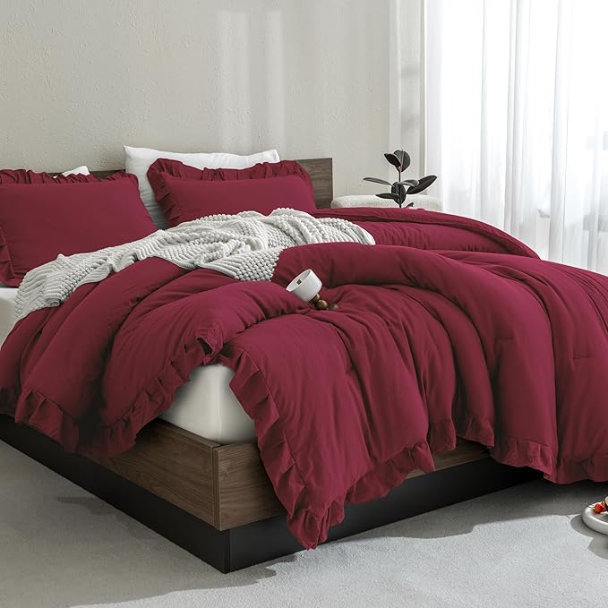 Andency Burgundy California King Comforter Set, 3 Pieces Cal King Ruffle Farmhouse Shabby Chic Comforter, Oversized All Season Lightweight Soft Microfiber Bedding Comforter (104x96Inch)