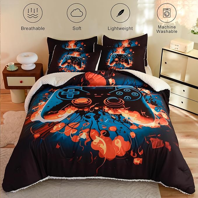 Video Game Full Size Comforter Set for Boys Kids Teens Gamepad Gaming Controller and Fire Pattern Bedding Set- 3 Piece Quilt with 2 Pillowcases (80"x90")