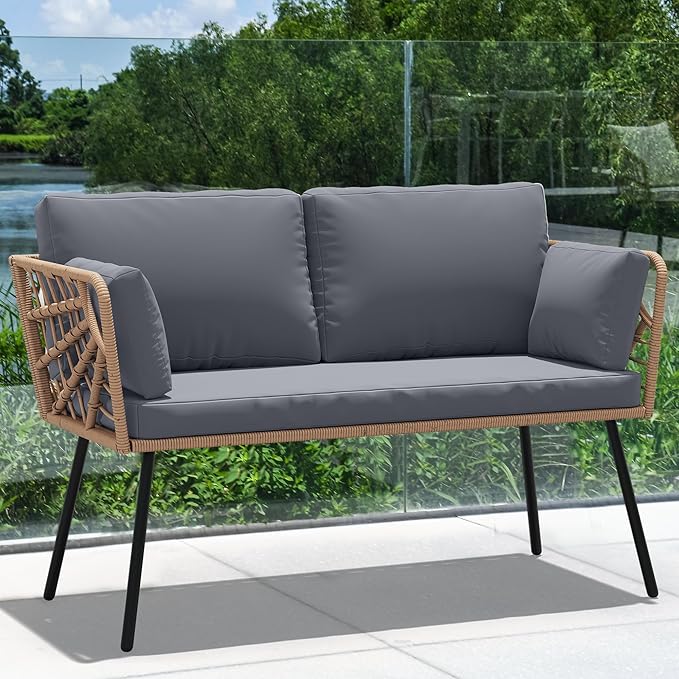 YITAHOME Wicker Outdoor Loveseat, All-Weather Patio Sofa for Balcony, Backyard, Pool, Porch, Deck, Outdoor Sectional Furniture Set with Table & Cushions - Grey