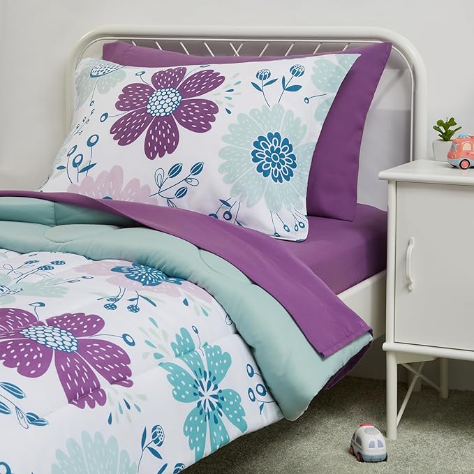 Amazon Basics 5 Piece Microfiber Kid's Bed-in-a-Bag Bedding Set, Toddler, Floral