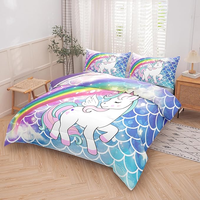 Tailor Shop Unicorn Girls Comforter Sets Full Size,Blue Unicorn Bedding Sets for Kids Teens with 2 Pillowcase……