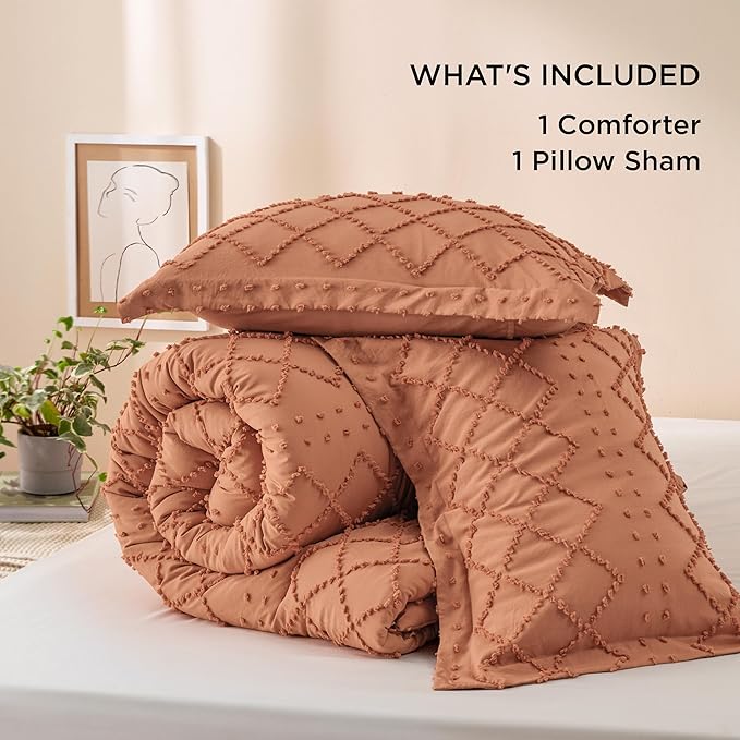 Bedsure Twin/Twin XL Comforter Set - Pumpkin Boho Twin Extra Long Comforter Set for College, Shabby Chic Dorm Bedding Set, 2 Pieces Modern Farmhouse Bed Set, includes 1 Pillow Sham