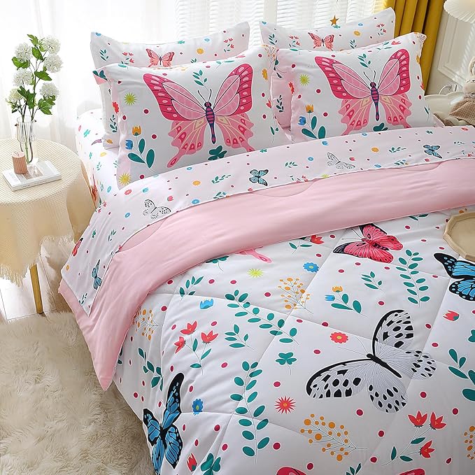 Butterfly Comforter Set Twin Size for Girls Kids Teens 7 Piece Bed in A Bag Colorful Butterflies Flower Leaves Bedding Set All Season Lightweight