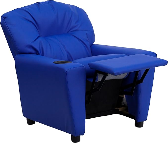 Flash Furniture Chandler Vinyl Kids Recliner with Cup Holder and Safety Recline, Contemporary Reclining Chair for Kids, Supports up to 90 lbs., Blue