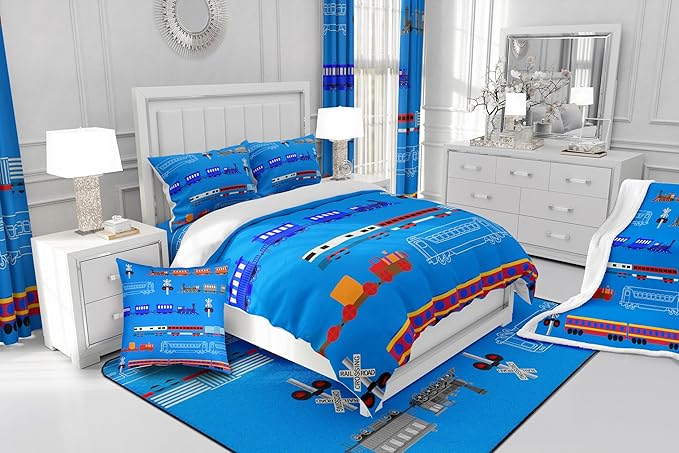 Erosebridal Train Twin Comforter Set for Boys,Cartoon Car Bedding Set for Kids Boys Girls Toddler,Vintage Car Down Comforter,Retro Steam Railway Rail Traffic Light Duvet Set Bedroom Decor,Blue 2Pcs