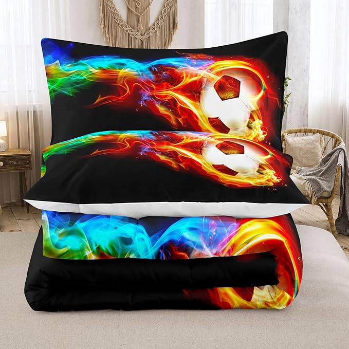 Bodhi Teen Bedding Set Twin,Soccer Comforter Set for Boys,Fire Sports Comforter Set Twin Size,Boys Football Comforter Set with Matching Pillowcases,Boys Bedding Set Twin