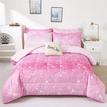 Pink Glitter Comforter Set Full/Queen Size for Girls, Sparkle Galaxy Twinkle Starlight Comforter for Kids Teen,2 Piece Pink Ombre Pastel Bedding Set with 2 Pillow Cases(Pink)