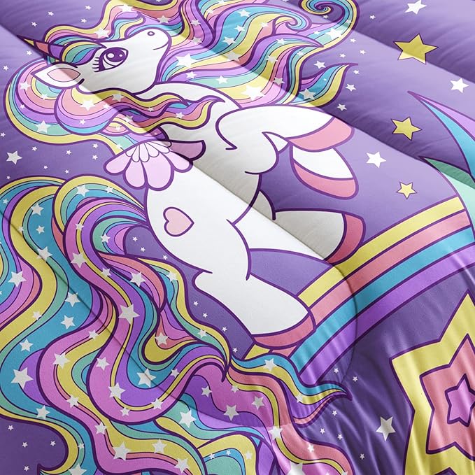 Unicorn Comforter Twin Size,Rainbow Unicorn Comforter Set for Kids Teens Girls,3Pcs Bedding Set Printed Comforter with 2 Pillowcases,Down Alternative,Soft and Lightweight(Purple，Twin Size)