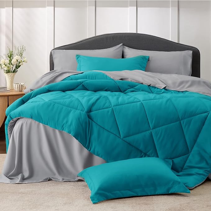 Bedsure Teal Full Size Comforter Set - 7 Pieces Reversible Bed in a Bag Set with Comforters, Sheets, Pillowcases & Shams