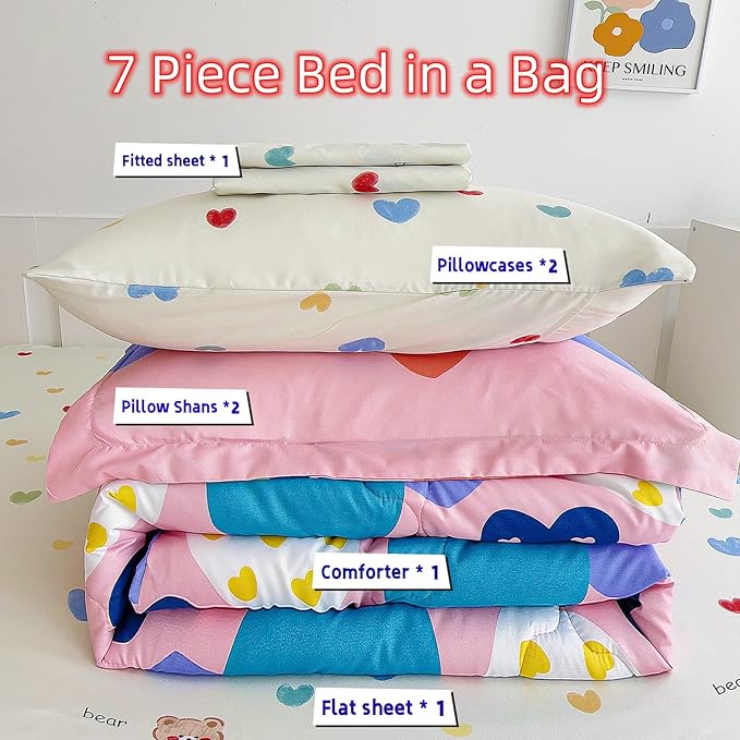 7 Piece Kids Pink Heart Bedding Sets Twin Comforter Set with Sheets - Colourful Reversible Heart Shaped Cute Bedding for Girls Kids - Love Quilt Bed in a Bag All Season