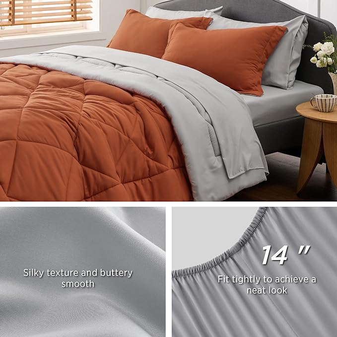Bedsure Burnt Orange Twin XL Comforter Set - 5 Pieces Reversible Twin XL Bed in a Bag Twin XL Bed Set with Comforters, Sheets, Pillowcase & Sham, Twin XL Bedding Sets