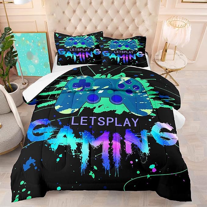 Game Comforter Set Video Gaming Bedding Sets Gamer Room Decor Queen Size Colorful Black Gamepad Soft Game Bedding Set for Boys Teen 1 Comforter and 2 Pillowcases