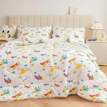 Mooreeke Bed in a Bag for Kids Boys Teens, 7 Pieces Full Size Aircraft Print Comforter Bed Set with Shams, Sheet Set, Airplane White Super Soft Microfiber Kids Comforter Bedding Set