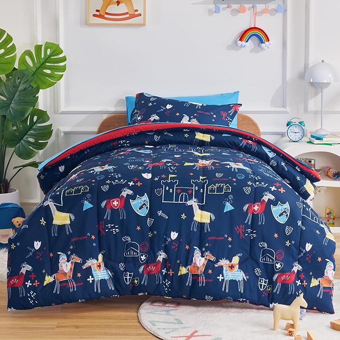 SLEEP ZONE 7 Pieces Kids Comforter Bed in A Bag, Soft Lightweight, Fluffy & Durable Children Bed Set with Comforter, Sheet, Pillowcase & Sham (Knight‘s Tale, Full/Queen)
