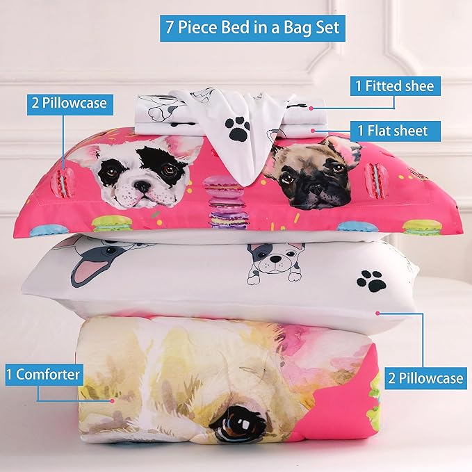 7 Piece Dog Comforter Set Twin Size for Kids Cute 3D French Bulldog Dogs Bedding Bed in A Bag for Teens Boys Girls All Season Watercolor Pink Animal Themed Comforter