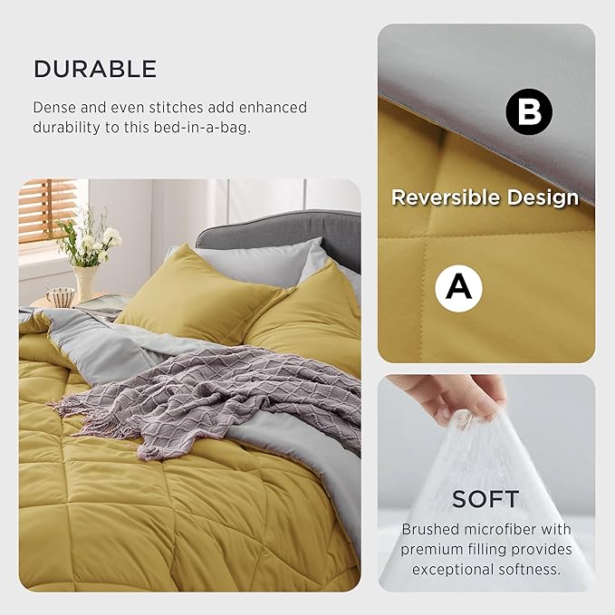 Bedsure Mustard Yellow California King Comforter Set - 7 Pieces Reversible Cal King Bed in a Bag, Cal King Mustard Yellow and Grey Bed Set with Comforters, Sheets, Pillowcases & Shams