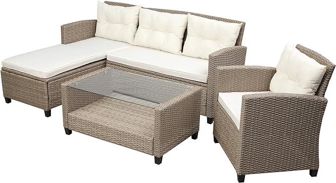 4 Piece Outdoor Patio Furniture Set, Sectional Conversation All-Weather Grey PE Wicker w/Seat Cushions for Backyard Porch Garden Poolside Balcony, Onesize, Ob-Beige