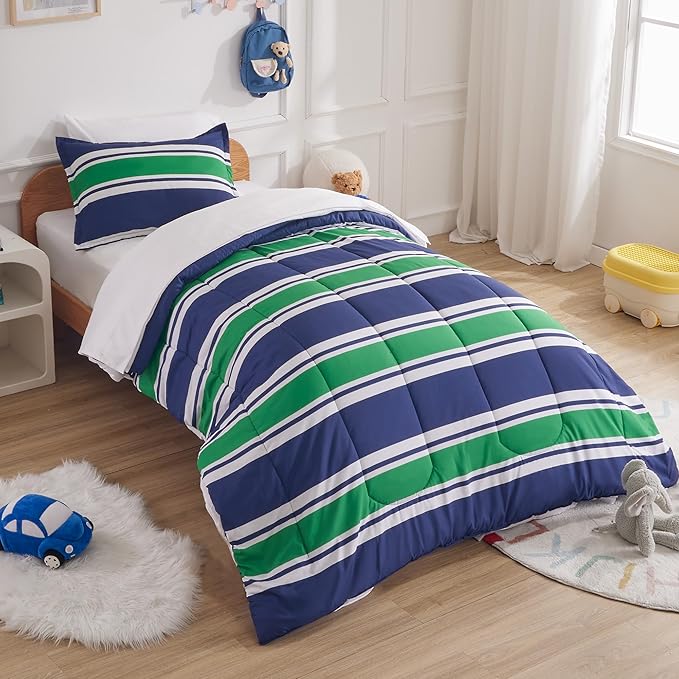 SLEEP ZONE Kids Rugby Twin Bedding Comforter Set - Super Cute & Soft Kids Bedding 5 Pieces Set with Comforter, Sheet, Pillowcase & Sham (Rugby Stripe Navy/Green)