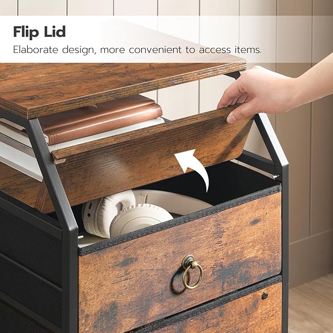 HOOBRO 2-Drawer Mobile File Cabinet, Filing Cabinet with Charging Station, Printer Stand with Open Storage Shelf, for A4/Letter Size, Home Office, Nonwovens Drawer, Rustic Brown and Black BF10UWJ01