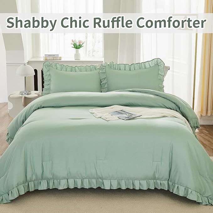 Andency Sage Green Comforter Set King, 3 Pieces Vintage Farmhouse Shabby Chic Ruffle Comforter, Lightweight Soft All Season Microfiber Down Alternative Bedding Comforter Set (104x90Inch, Green)