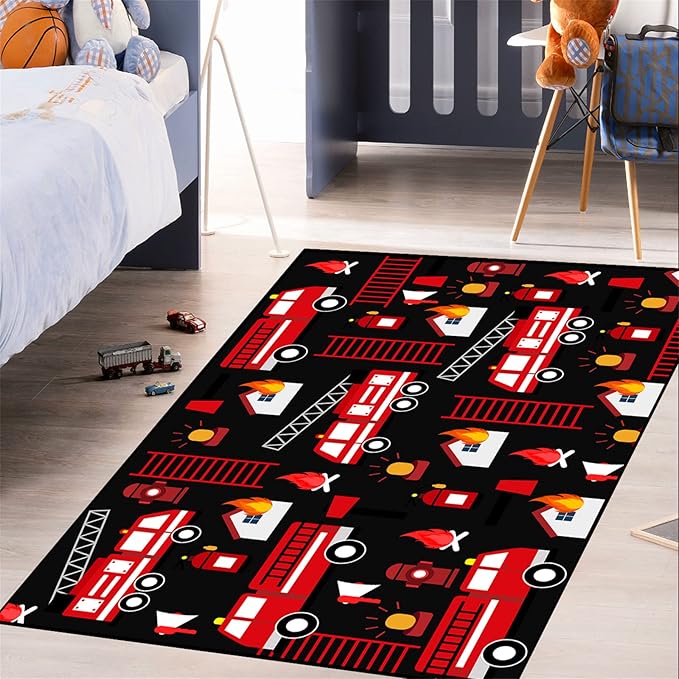 Car Play Rug Fire Fighting Truck Area Rug Car Rug Play Mat Kids Rugs for Playroomcar Rug for Boys Room Carpet Floor Mat for Bedroom Living Room,Black 3'×4'