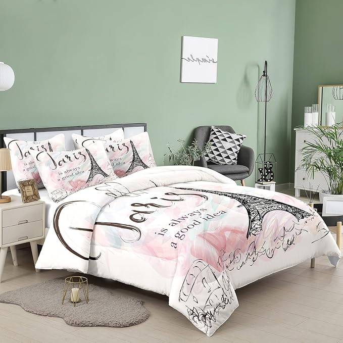 Bodhi Girls Comforter Bedding Set Queen,Pink Comforter Set for Girls,Paris Bedding Set,Girls Pink Bedding Set with Matching Pillowcase,Pink Girls Queen Size Bed Set,Eiffel Tower Bedding Set