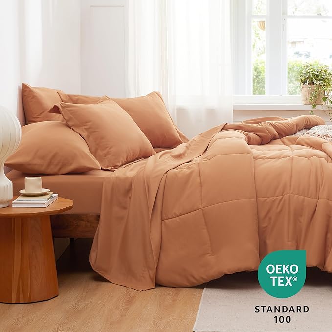 Bedsure Burnt Orange Twin XL Comforter Set - 5 Pieces Solid Twin XL Bed in a Bag for College, Twin XL Bed Set Burnt Orange with Comforters, Sheets, Pillowcase & Sham, Extra Long Twin Comforter Set