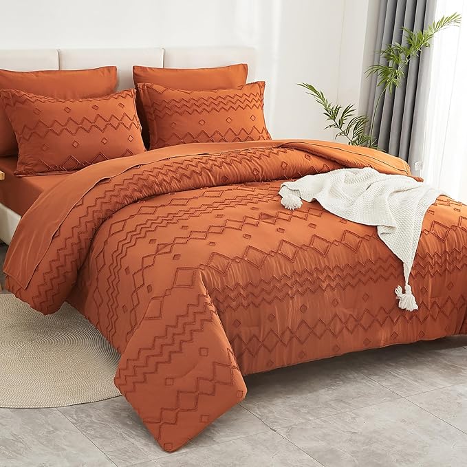 EMME Twin Comforter Set - 5 Pcs Pumpkin Boho Bedding Sets, Tufted Comforter with Sheets, Shabby Chic Embroidery Twin Size Bed Set Fluffy Bed Bag for All Season(68"X90")