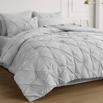 Bedsure Light Grey King Size Comforter Set - Bedding Set King 7 Pieces, Pintuck Bed in a Bag Green Bed Set with Comforter, Sheets, Pillowcases & Shams
