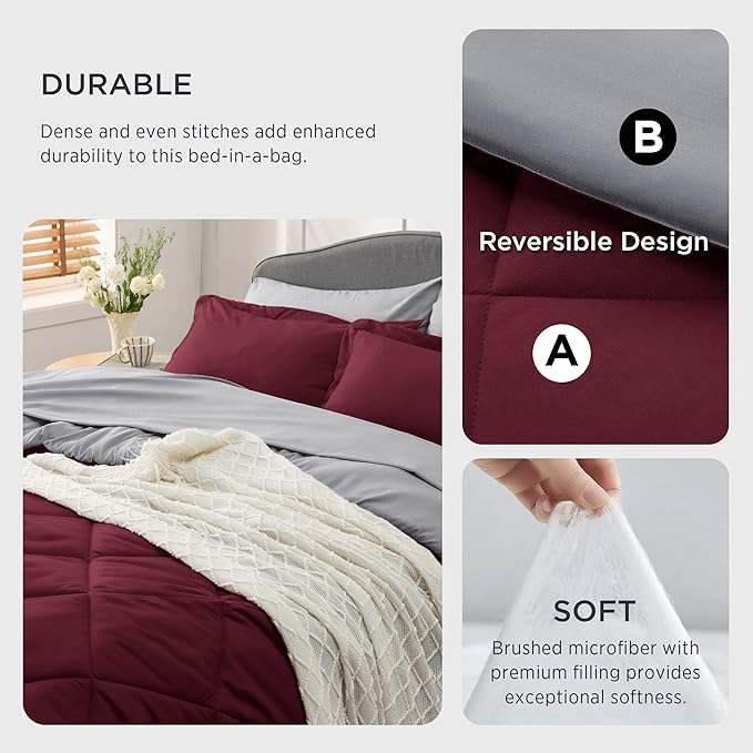 Bedsure Burgundy 7 Piece Reversible Comforter Set - Bed in a Bag with Comforters, Sheets, Pillowcases & Shams