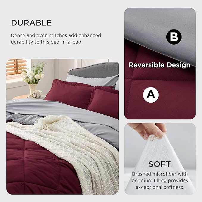 Bedsure Burgundy California King Size Comforter Set - 7 Pieces Reversible Cal King Bed in a Bag Bed Set with Comforters, Sheets, Pillowcases & Shams, California King Bedding Sets