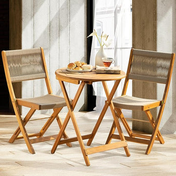 Heavy Duty 400lbs Capacity Patio Bistro Set 3 Piece Outdoor, Folding Chairs with Elegant, Wood Rope Design - Beige