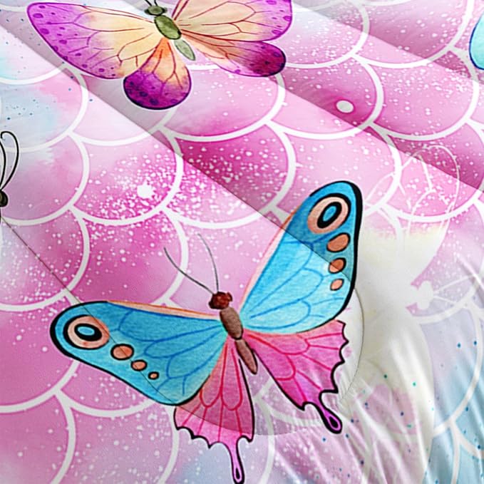 Datura home Kids Comforter Set Mermaid Scale Butterfly Printed Pattern Bedding Set with 1 Comforter and 2 Pillowcases for Girls Boys Bedroom All Season(Mermaid Full)