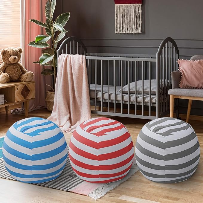 2 PCS Stuffed Animal Storage Bean Bag Chair Cover, Cotton Canvas Beanbag with Zipper for Organizing Kid's and Adults Room Grey 24"