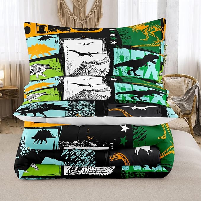 Bodhi Queen Size Teen Comforter Set,Boys Comforter Bedding Set with Pillowcases,Teen Kids Queen Size Dinosaur Comforter Set,Cartoon Dinosaur Bedding Set,Boy Bed Set