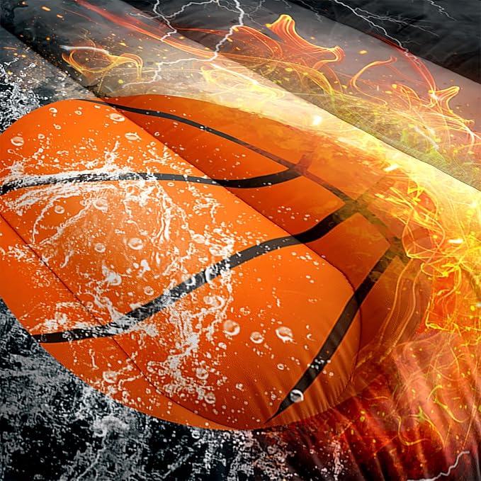 Basketball Comforter Set Twin, Sports Basketball Bedding for Boys Kids Teens Bedroom Orange Basketball Ice Fire Twin Size Comforter Set for Boys 2 Pieces(1 Comforter 1 Pillowcase)