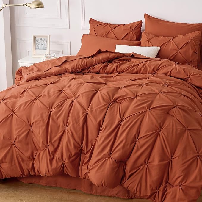 Bedsure Cal King Size Comforter Sets - 7 Pieces Pintuck California Bed Set, Orange in a Bag with Comforter, Sheets, Pillowcases & Shams