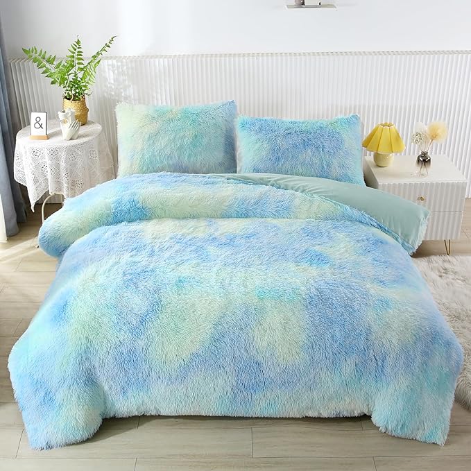 WINLIFE Shaggy Bedding Comforter Set Faux Fur Flannel Furry Comforter Microfiber Long Hair Fluffy Plush Comforter Sets Gradient Ombre Blue Aqua Teal Bedding for Girls Adults (3Pcs, Twin, Mint Green)