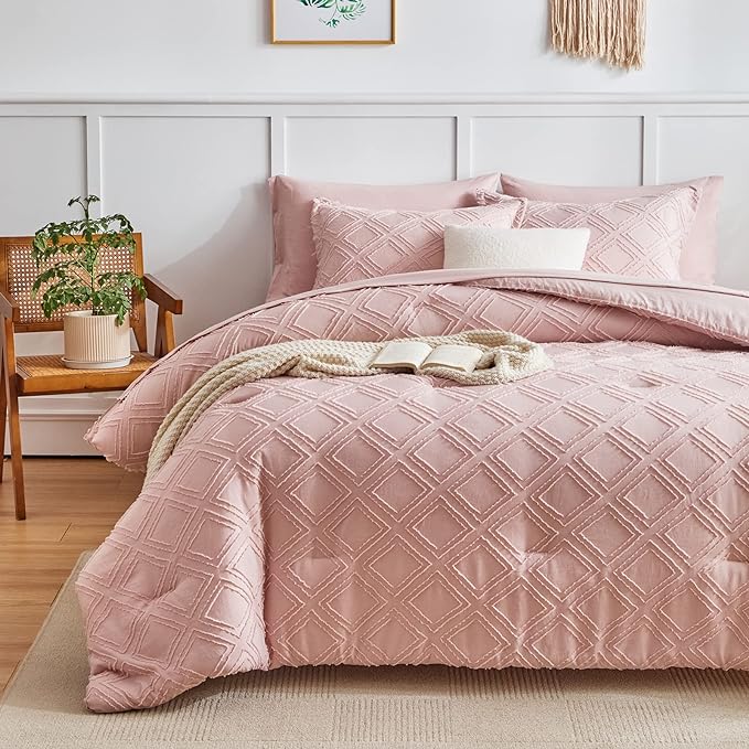 7 Pieces Tufted Bed in a Bag King Comforter Set with Sheets Blush, Soft and Embroidery Shabby Chic Boho Bohemian, Luxury Solid Color with Diamond Pattern, Jacquard Tufts Bedding Set for All Season
