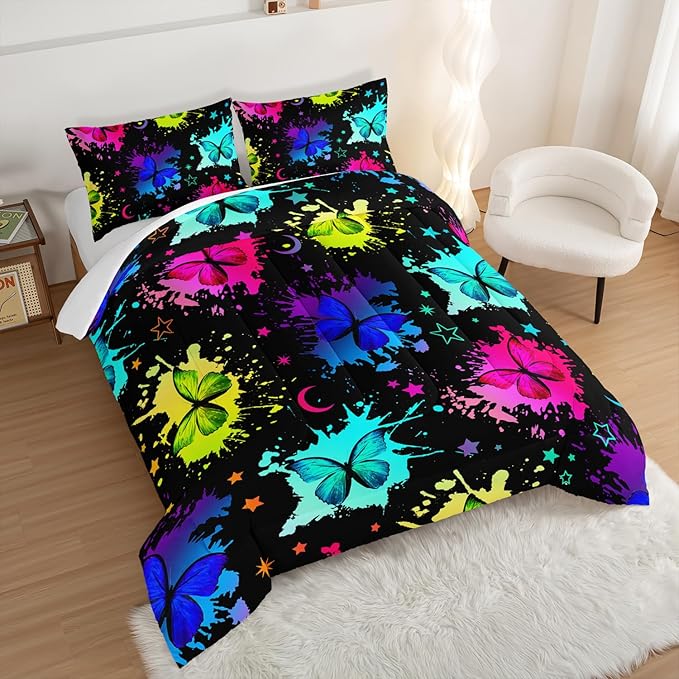 HOSIMA Colorful Butterfly Comforter Set for College Girls and Boys Twin Bed in a Bag,3Pcs Bedding Set Colorful Ink Print Comforter with 2 Pillowcases,Star Moon Black Twin Comforter for All Seasons.