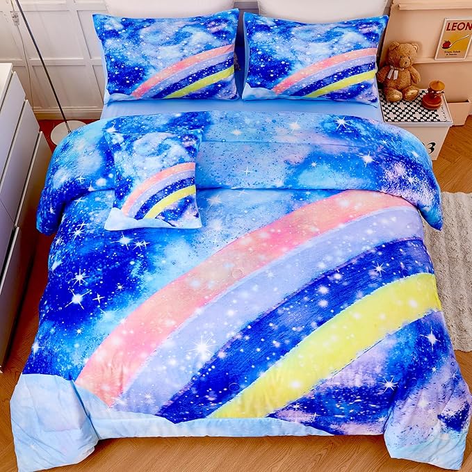 6Pcs Rainbow Girls Comforter Sets Full Size Blue Tie Dye Bed in A Bag for Kids/Teens Sparkle Galaxy Bedding Comforter Set Soft Lightweight Girls Bedding Sets for All Season