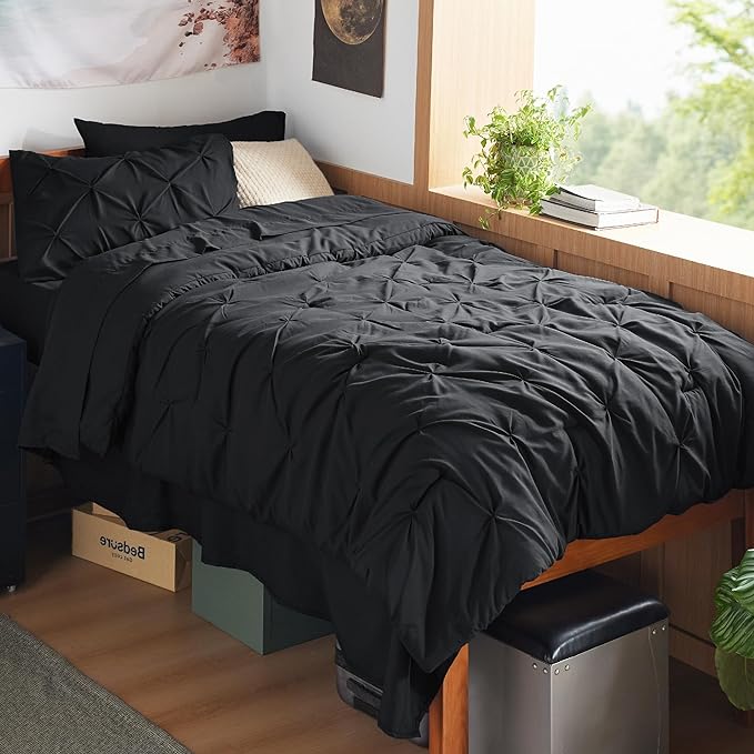 Bedsure Twin XL Comforter Set - Extra Long 5 Pieces Dorm Bedding Sets, Black Bed in a Bag with Comforters, Sheets & Skirt, Pillowcase & Sham