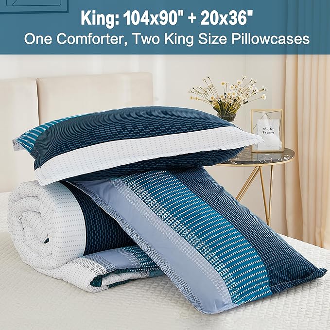 Litanika Navy Blue Comforter King Size Set, 3 Pieces Bedding Set, Blue White Colorblock Stripe (104x90In Comforter & 2 Pillowcases)