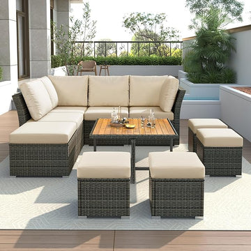 9 Pieces Outdoor Furniture All Weather Patio Sectional Sofa PE Wicker Modular Conversation Sets with Coffee Table and Storage Ottoman, Onesize, Ze-Grey