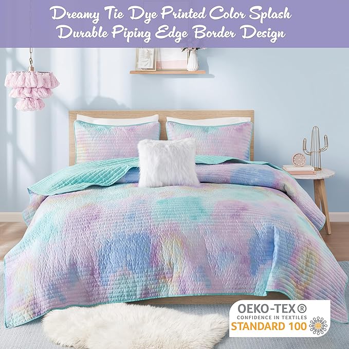 Intelligent Design Twin Quilt Set Boho Quilt Set, Watercolor Tie-Dye Coverlet Set, Casual & Trendy Quilted Lightweight Bedspread, All Season Bed Set, Sham, Cassiopeia, Twin/Twin XL, Pink/Blue 3 Piece