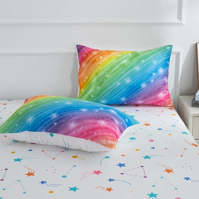 Btargot Super Soft 6 Pieces Gradient Star Ring Comforter Set, Colorful Glitter Rainbow Star Pattern Bedding Set for Boys Girls Teens,Full Multicolor