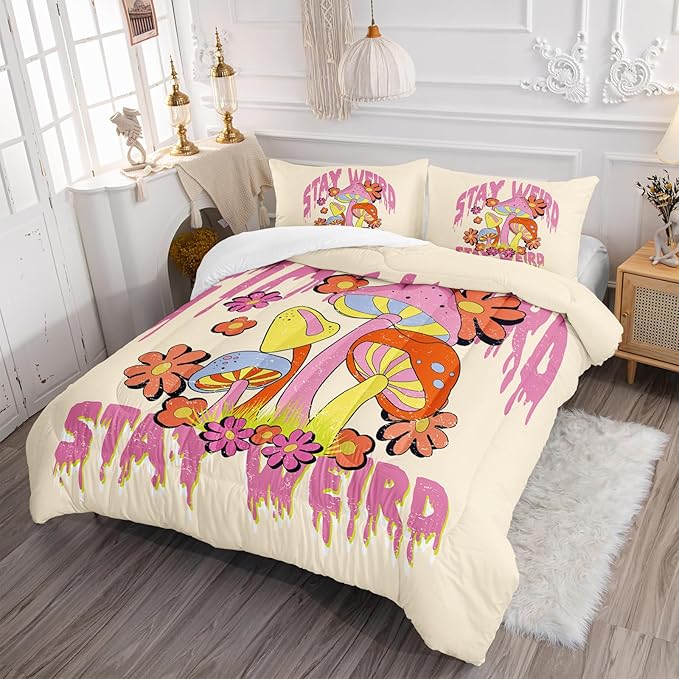 Axolotl Cartoon Mushroom Comforter Set Twin,Colorful Mushrooms Bedding Girls Bedding Set,Floral Comforter Set Red Pink Flower,Cute Mushroom Bedding Set for Kids Boys Girls Teens,1 Quilt 2 Pillowcases