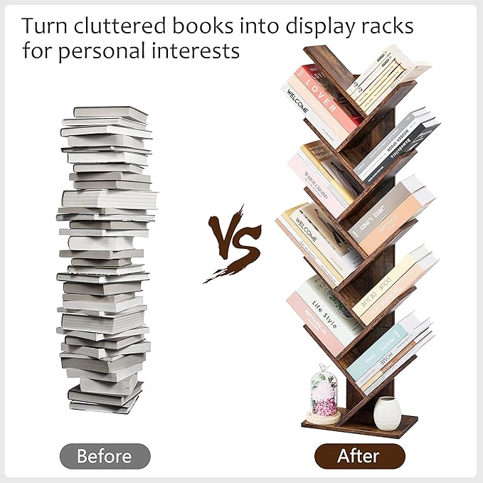 Hoctieon 10 Tier Tree Bookshelf, 10 Shelf Bookcase, Free Standing Tree Bookcase, Display Floor Standing Shelf for Books, Book Shelf Organizer, Rustic Brown
